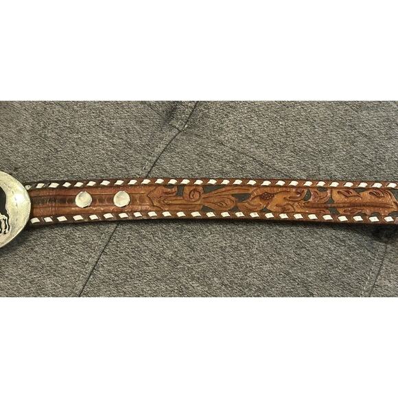 Vintage Tooled Stitched Western Cowboy Leather Belt - Picture 5 of 12